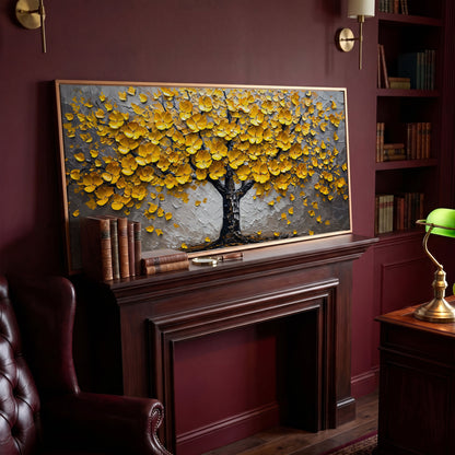 Yellow Blossom Tree of Life Canvas in antique gold floating frame