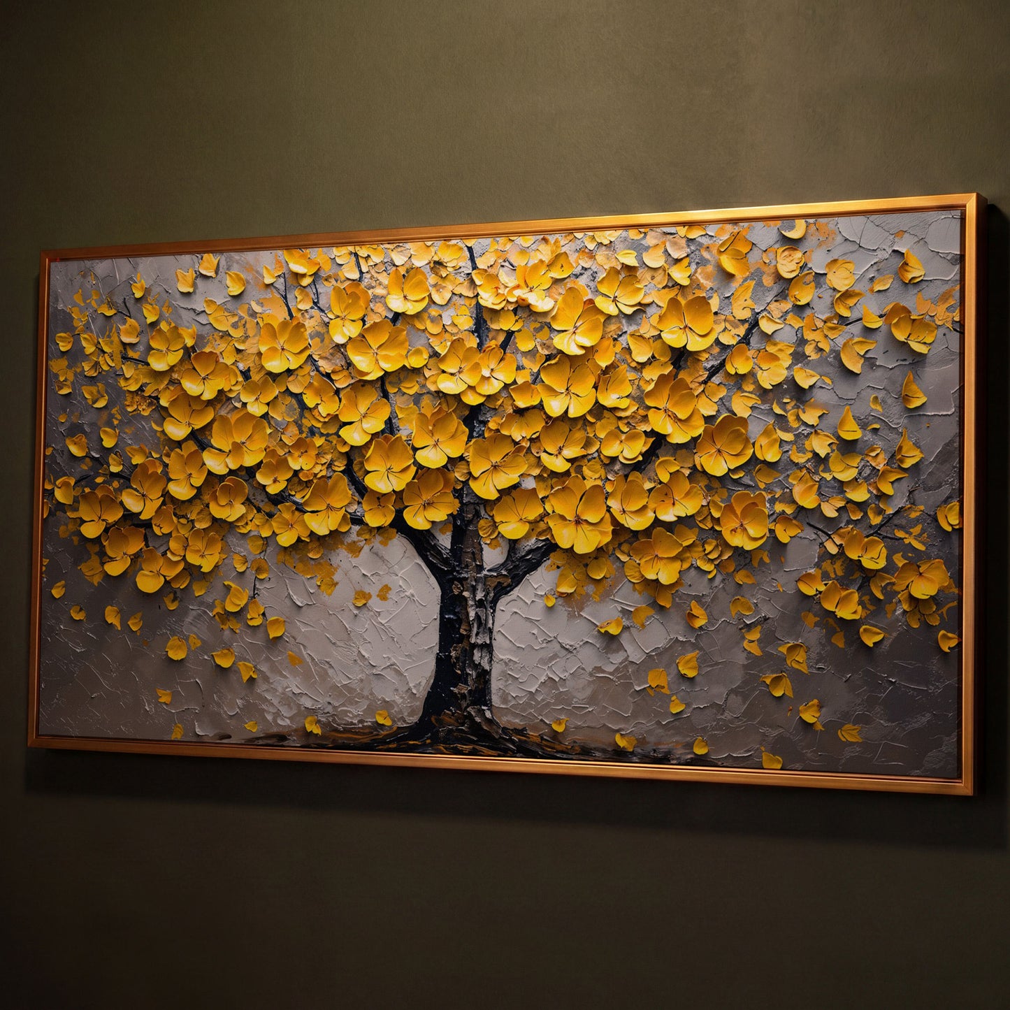 Yellow Blossom Tree of Life Canvas shown in antique gold floating frame