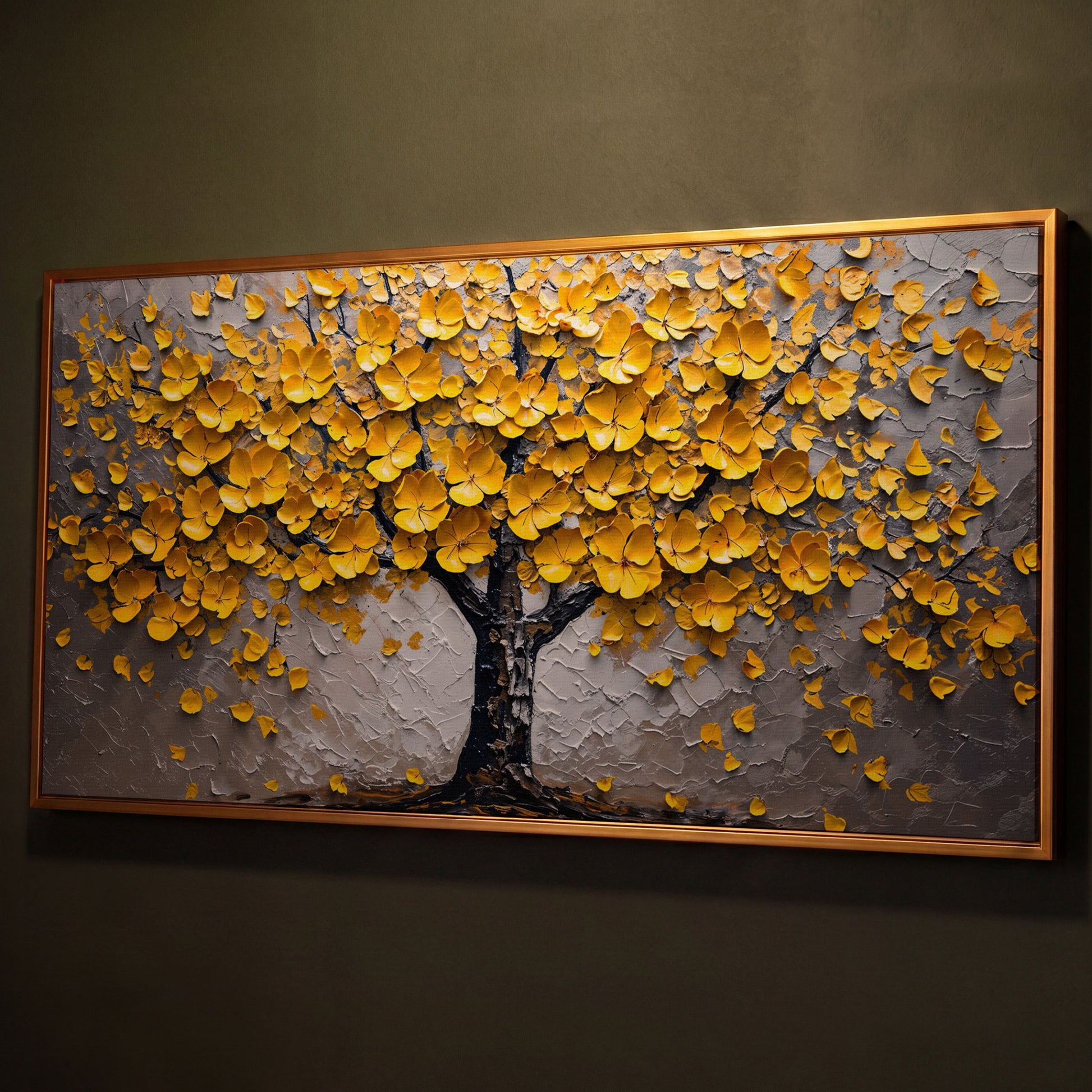 Yellow Blossom Tree of Life Canvas shown in antique gold floating frame