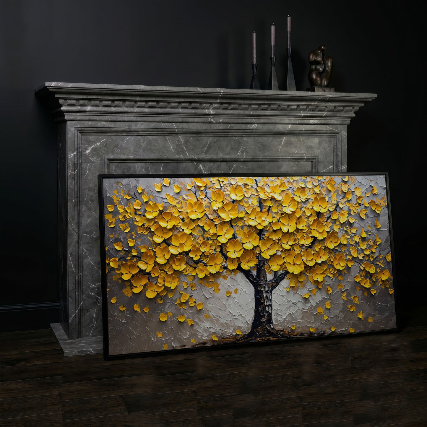 Yellow Blossom Tree of Life Canvas in black floating frame