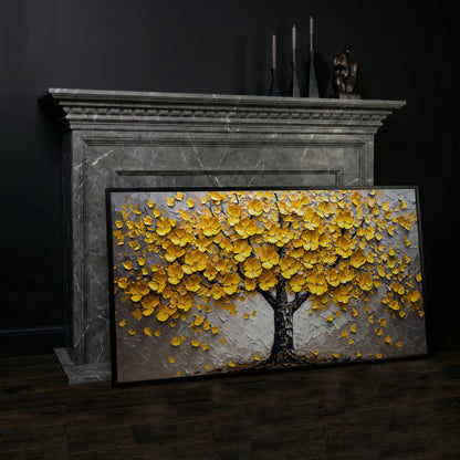 Yellow Blossom Tree of Life Canvas in black floating frame