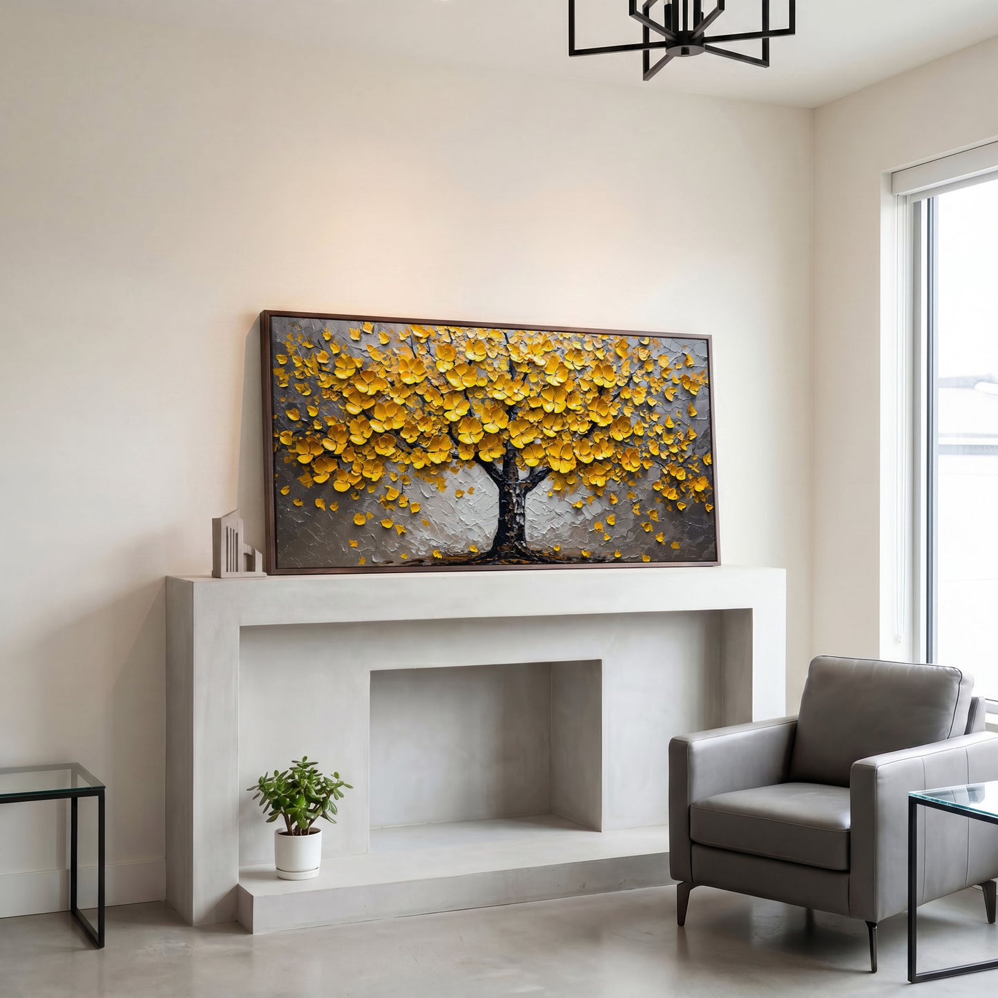 Yellow Blossom Tree of Life Canvas in dark walnut floating frame