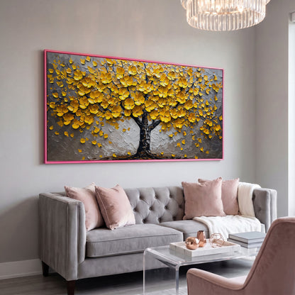 Yellow Blossom Tree of Life Canvas in pink floating frame