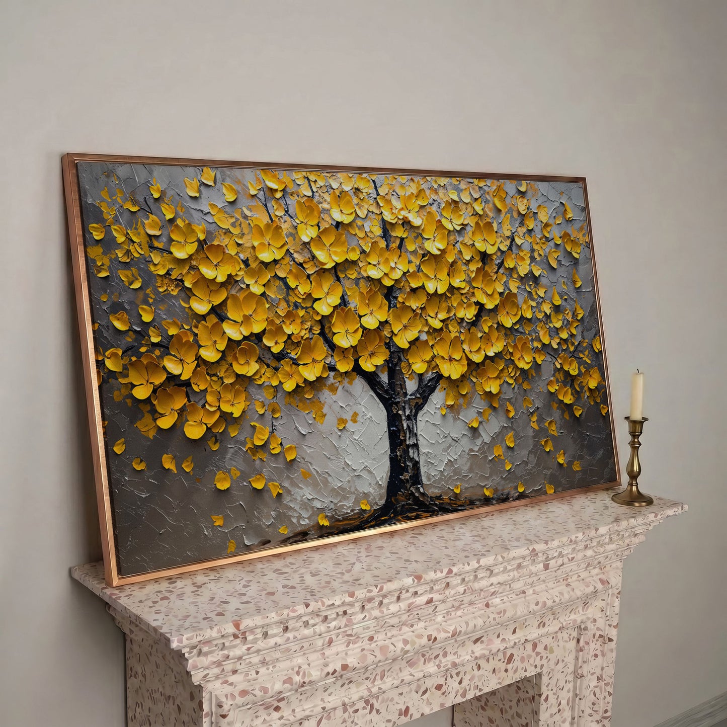 Yellow Blossom Tree of Life Canvas in rose gold floating frame