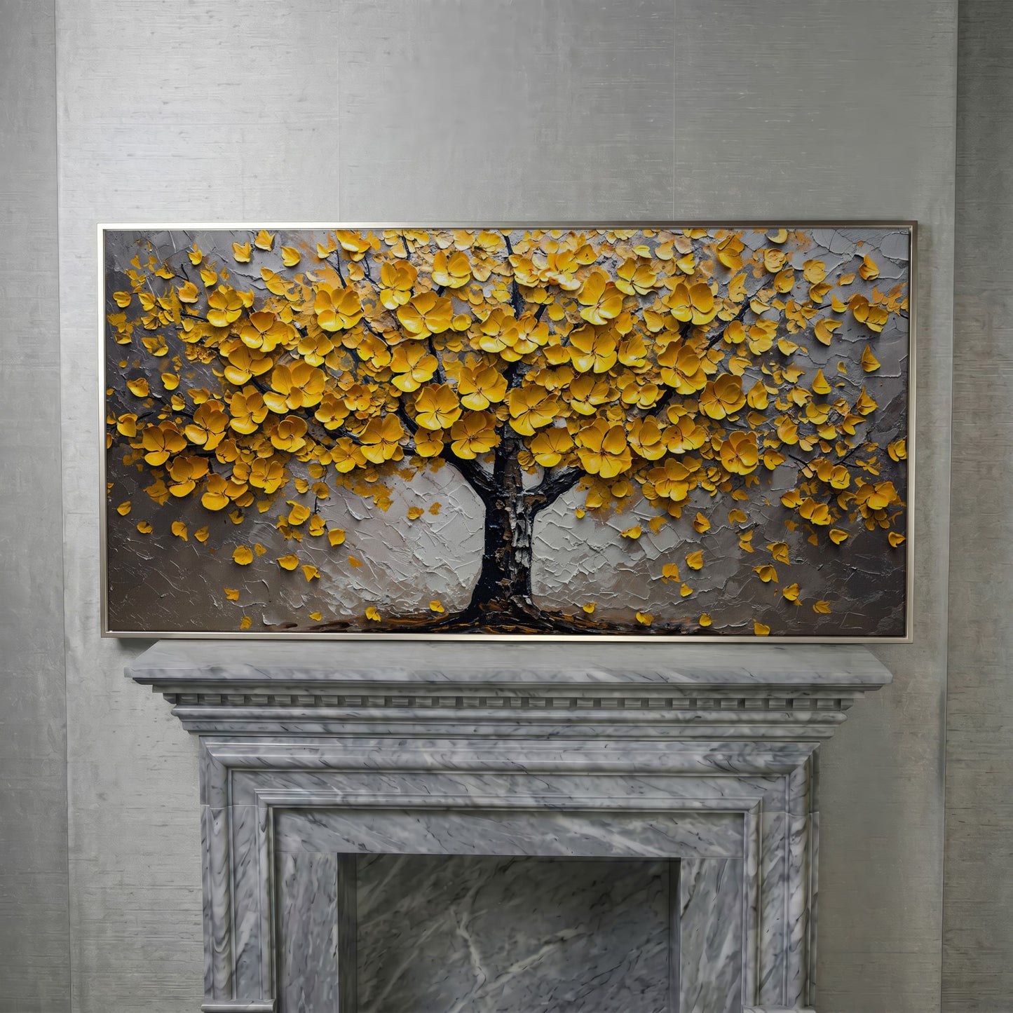 Yellow Blossom Tree of Life Canvas in silver floating frame