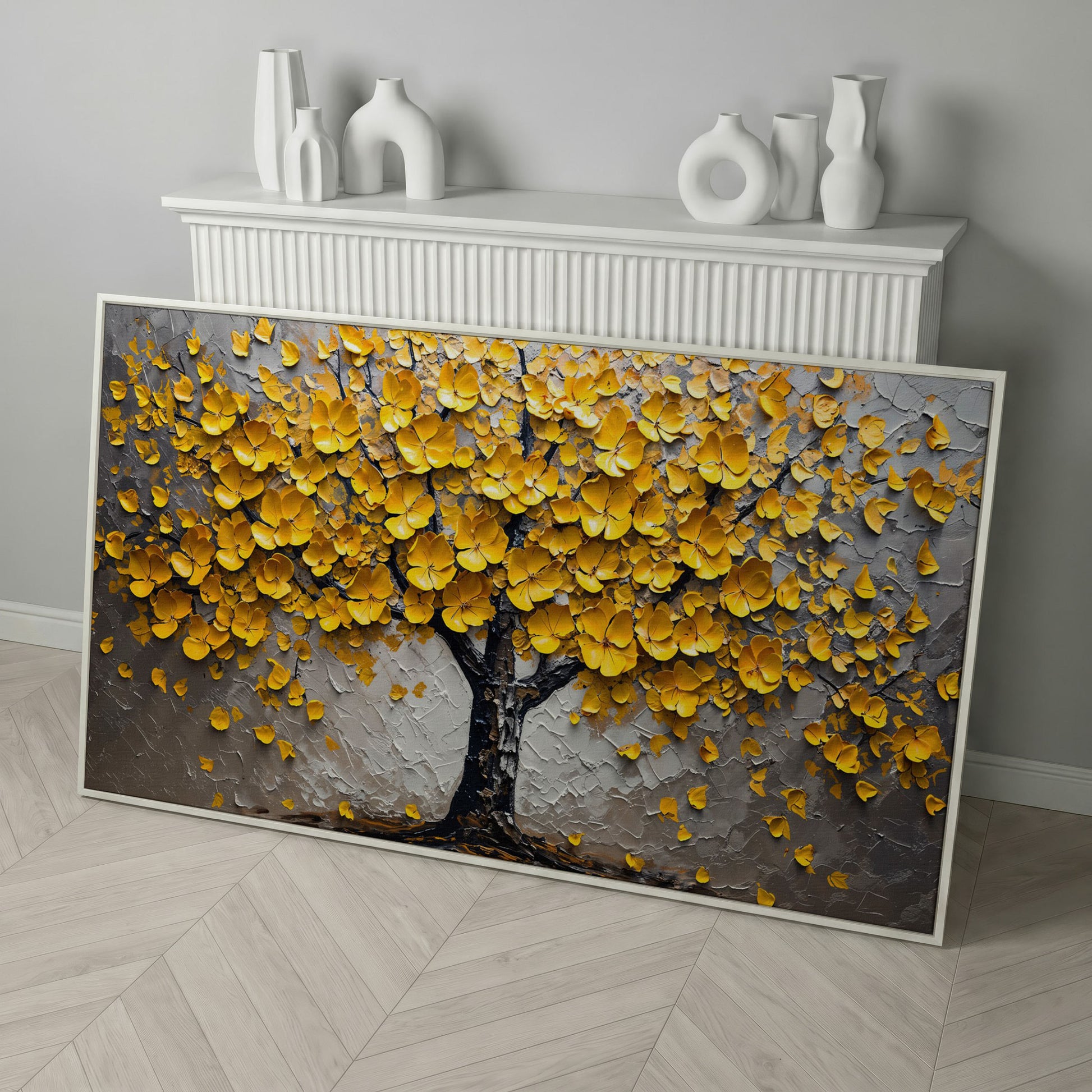 Yellow Blossom Tree of Life Canvas in white floating frame