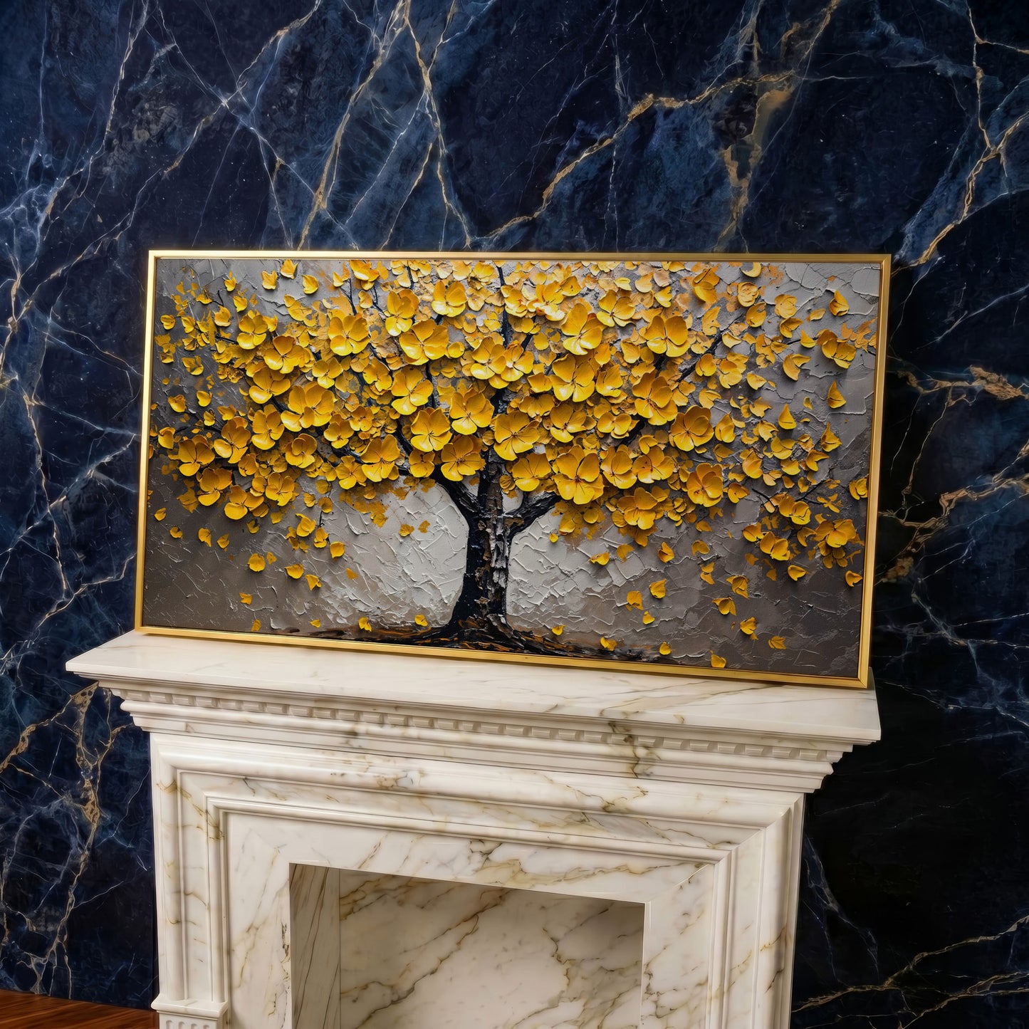 Yellow Blossom Tree of Life Canvas in yellow gold floating frame