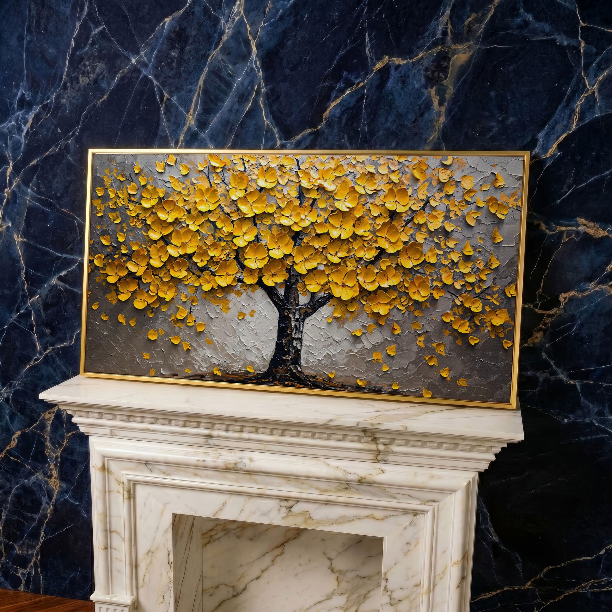 Yellow Blossom Tree of Life Canvas in yellow gold floating frame