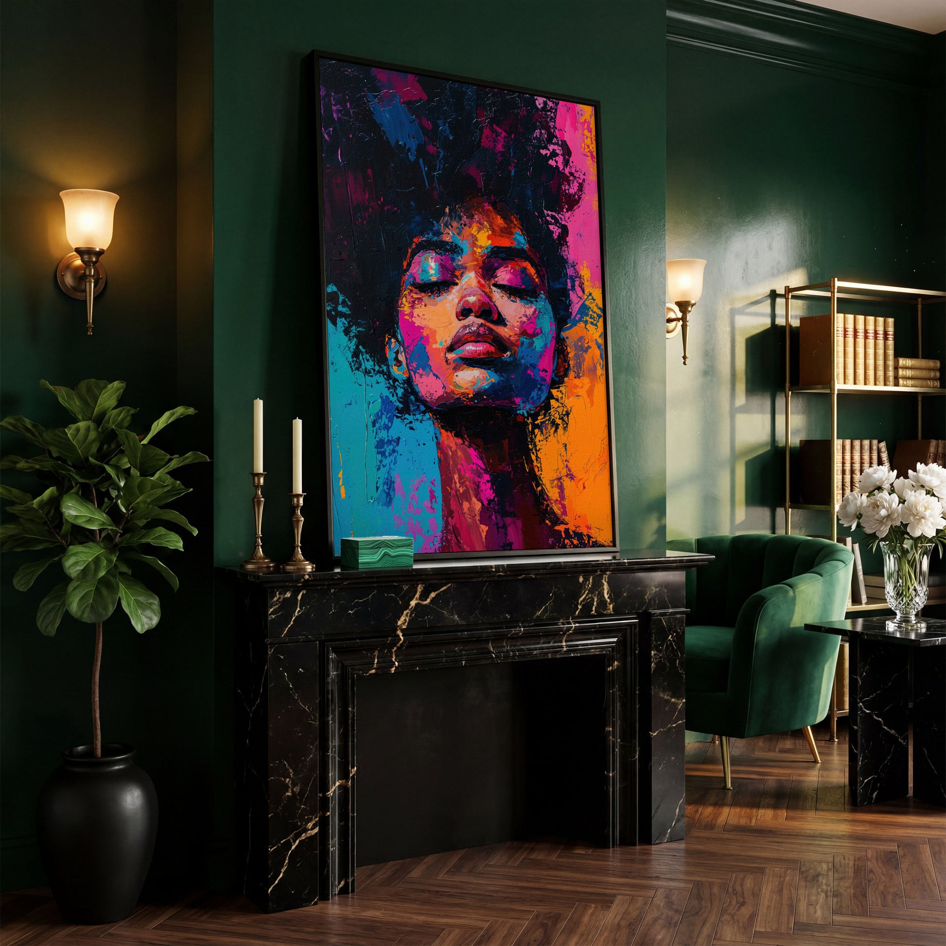 Dynamic Portrait Woman Canvas Print with Vibrant Color in black floating frame