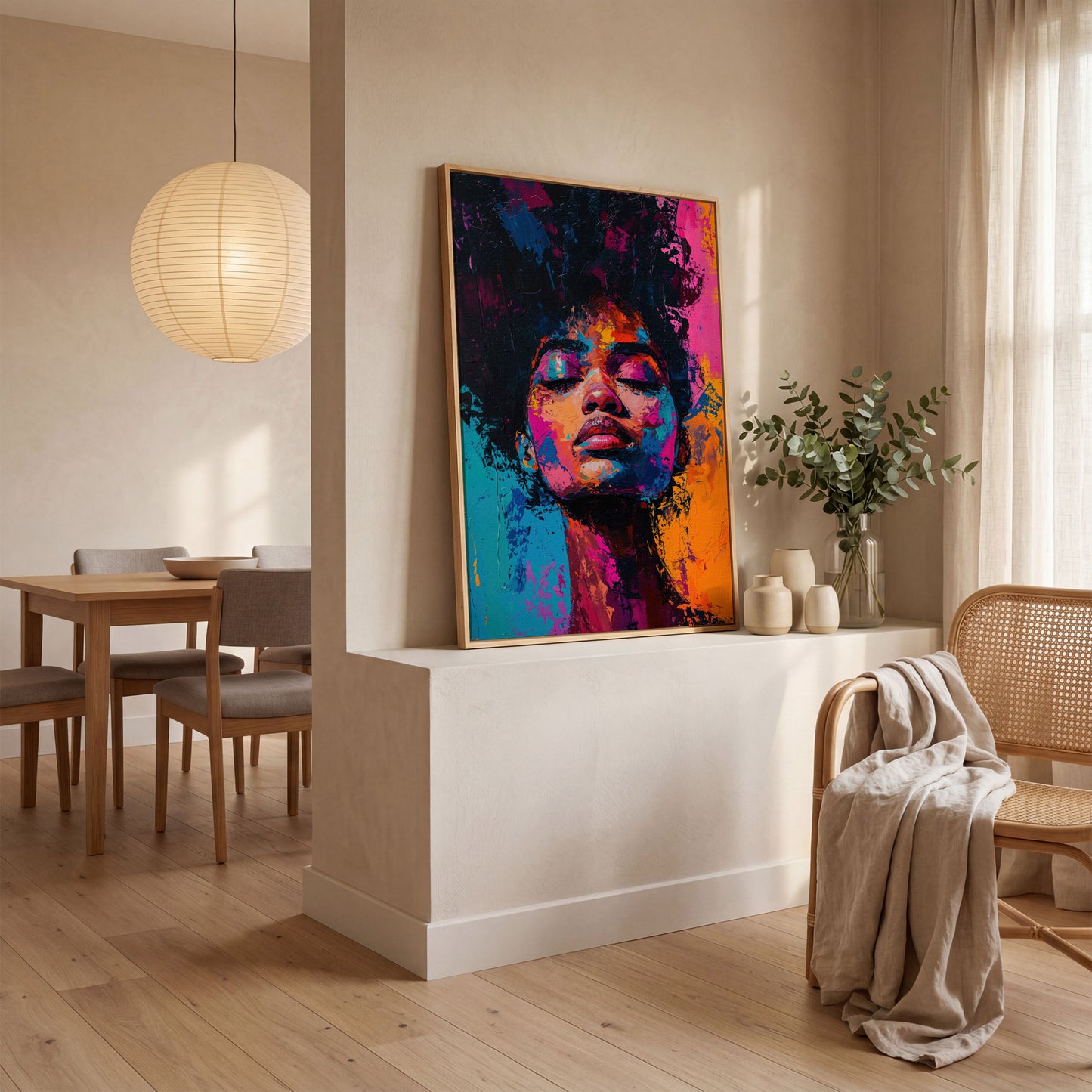 Dynamic Portrait Woman Canvas Print with Vibrant Color in white oak floating frame