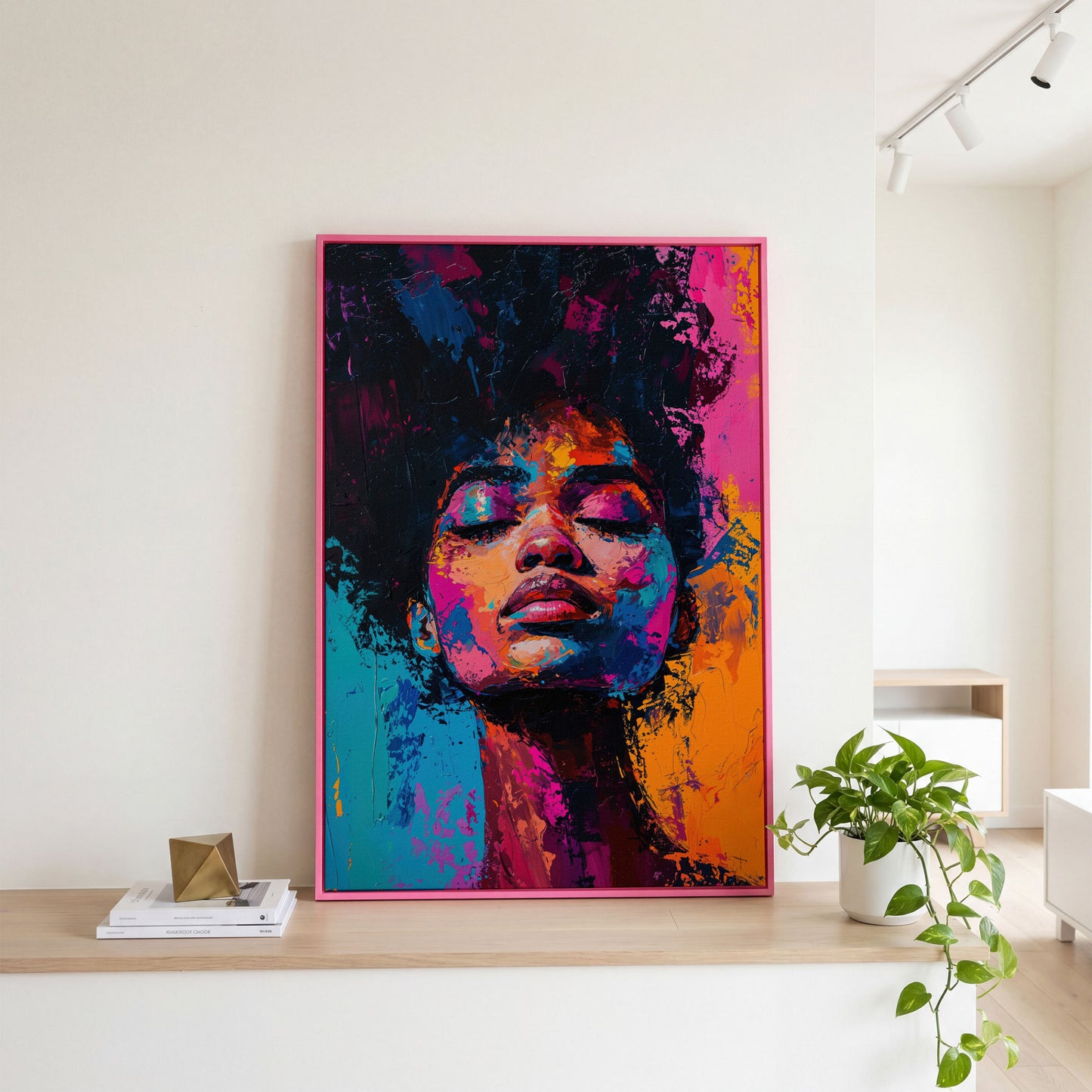 Dynamic Portrait Woman Canvas Print with Vibrant Color in pink floating frame