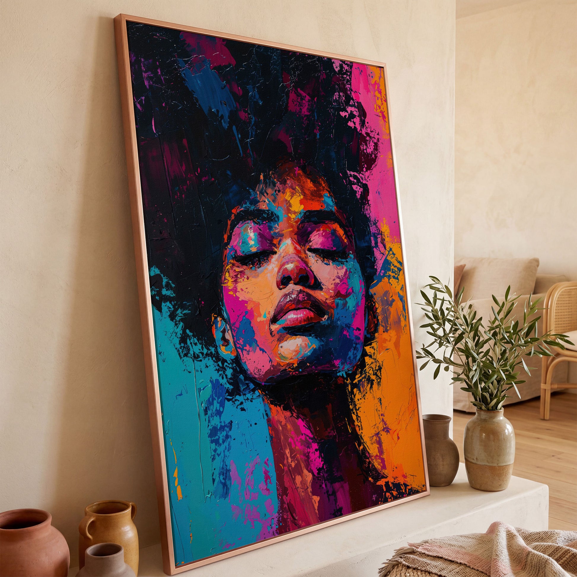 Dynamic Portrait Woman Canvas Print with Vibrant Color in rose gold floating frame