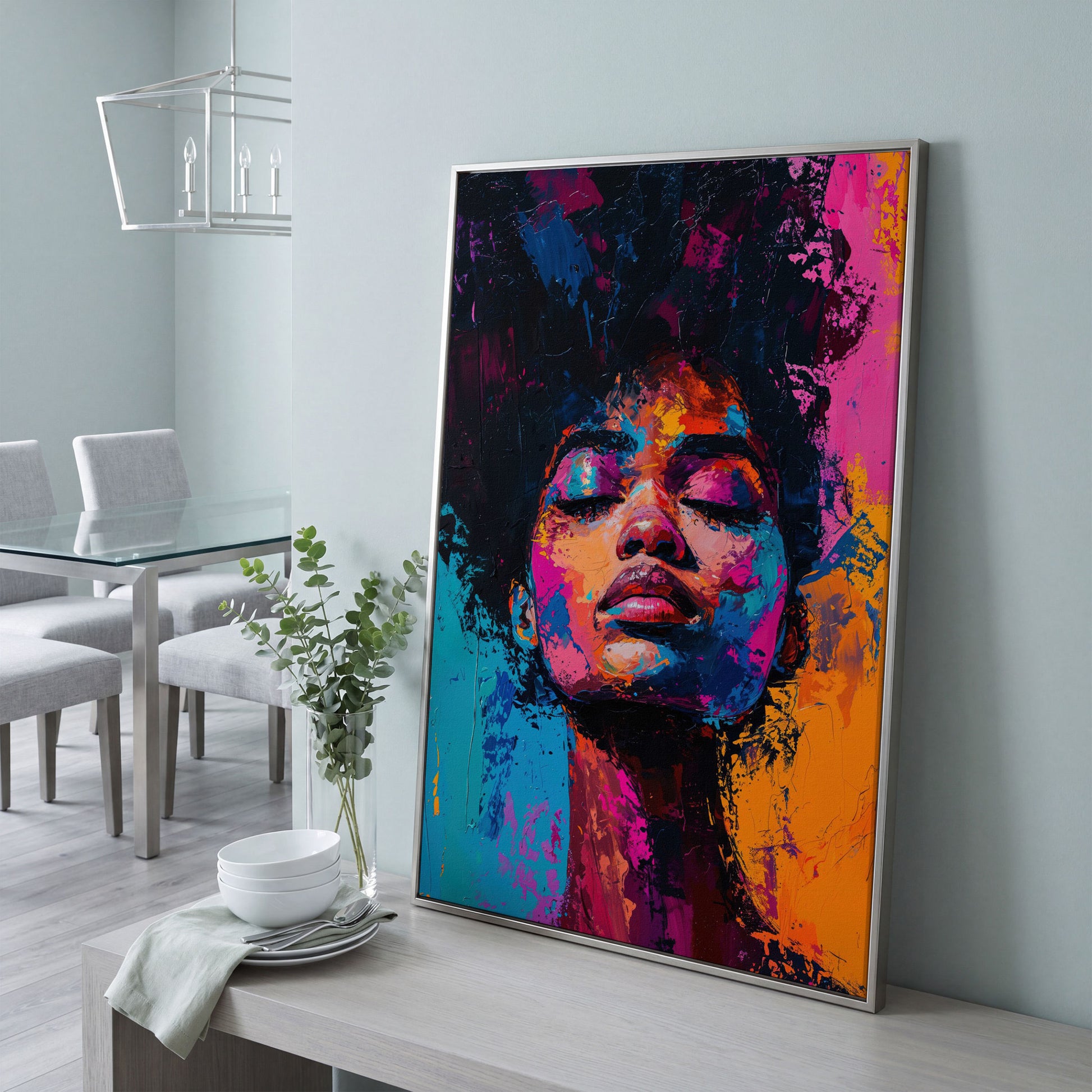 Dynamic Portrait Woman Canvas Print with Vibrant Color in silver floating frame