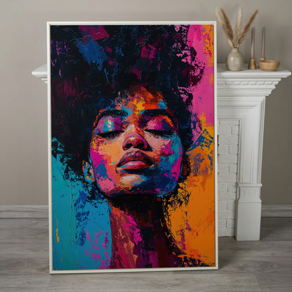 Dynamic Portrait Woman Canvas Print with Vibrant Color in white floating frame