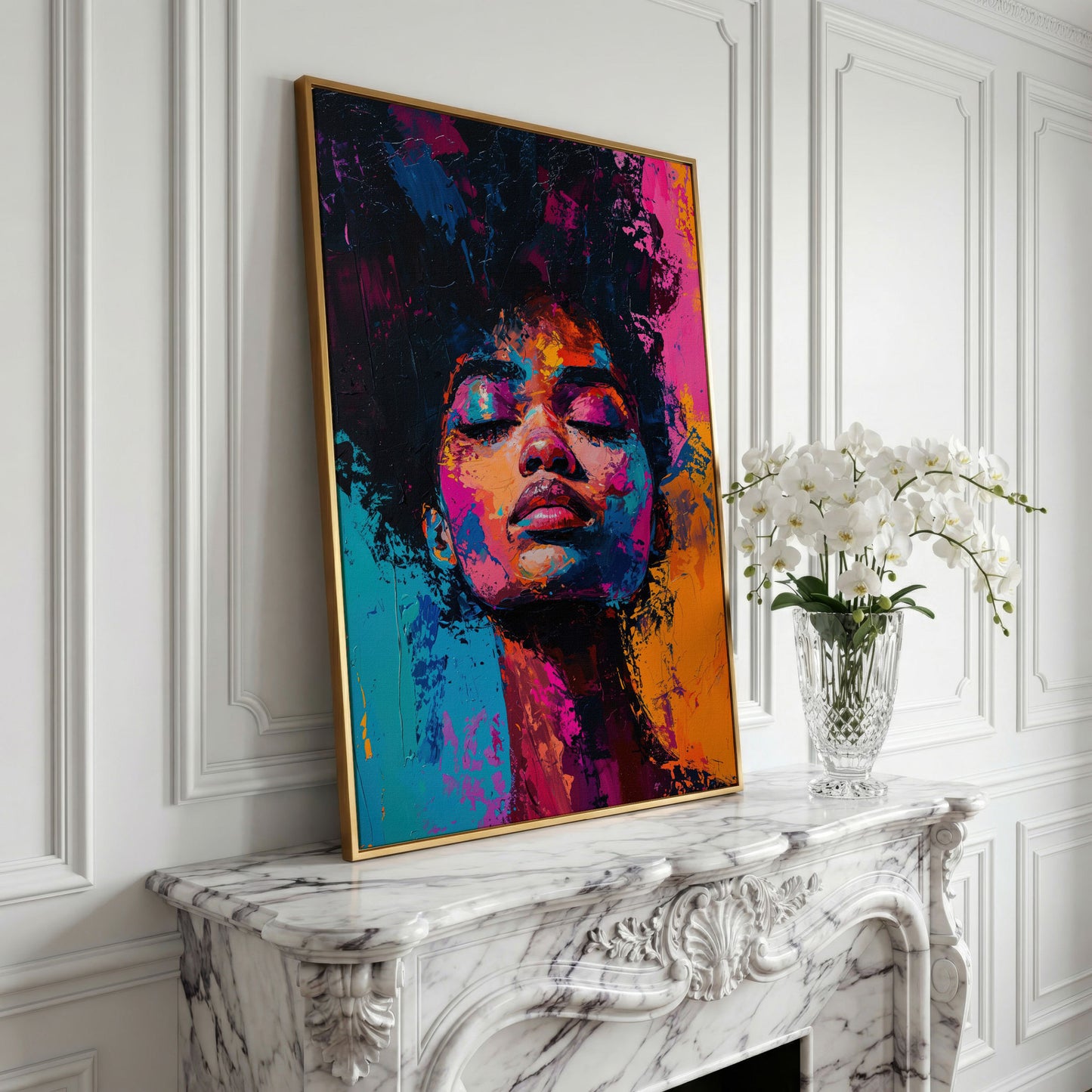 Dynamic Portrait Woman Canvas Print with Vibrant Color in yellow gold floating frame