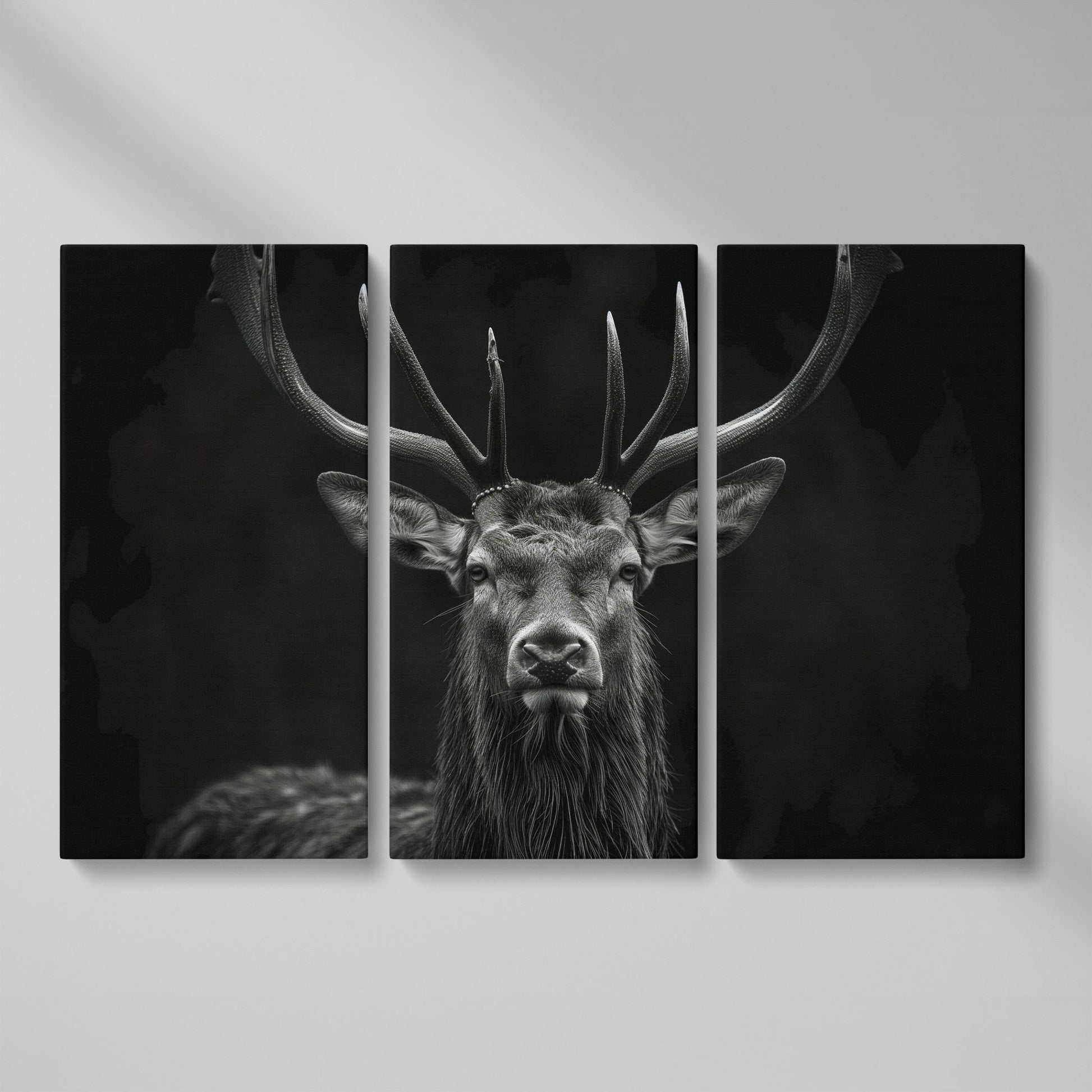 Black & White Stag Portrait Canvas as 3-panel split version