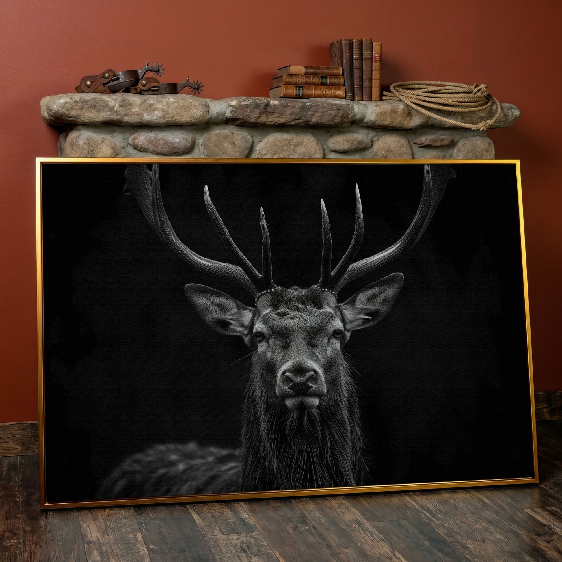 Black & White Stag Portrait Canvas in antique gold floating frame