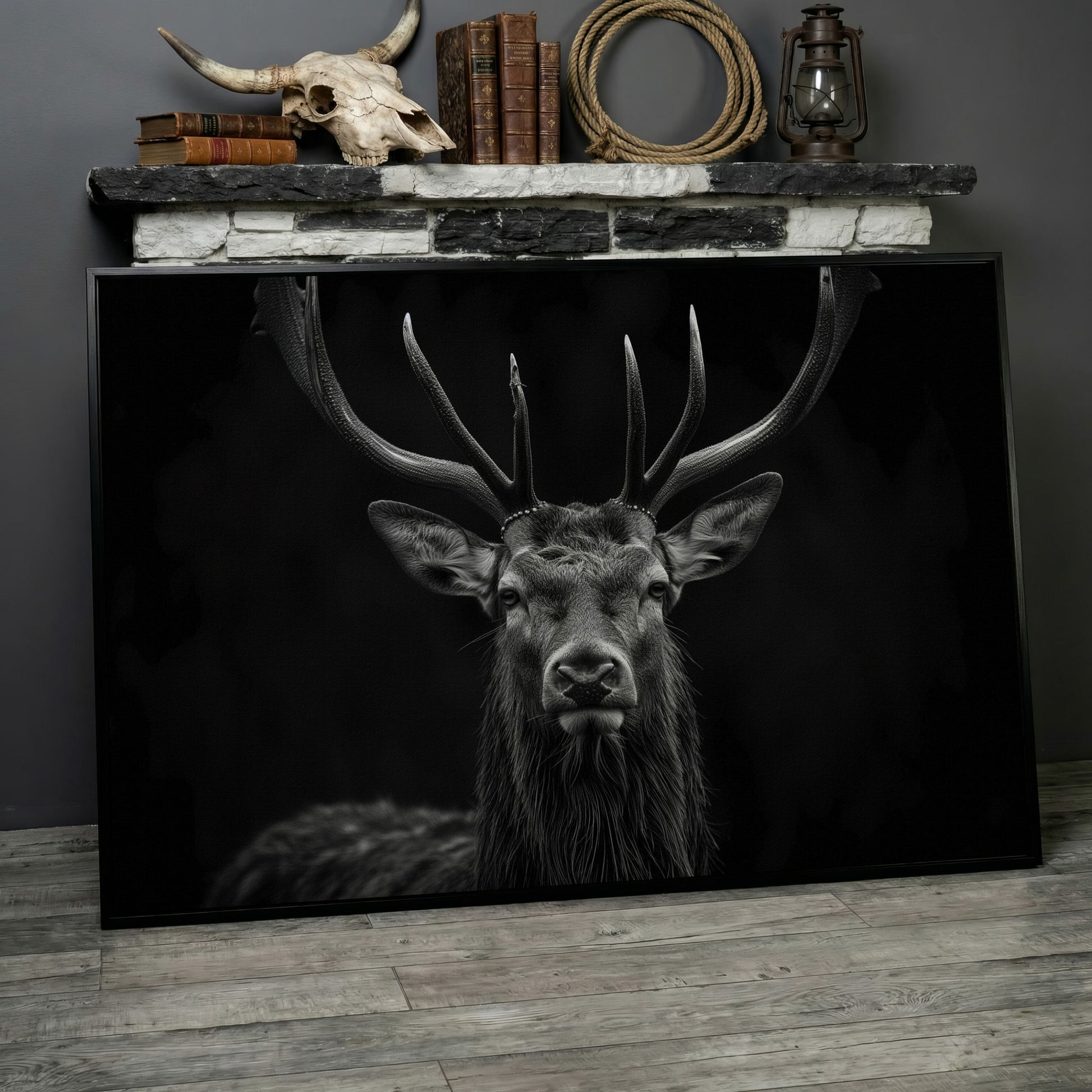Black & White Stag Portrait Canvas in black floating frame