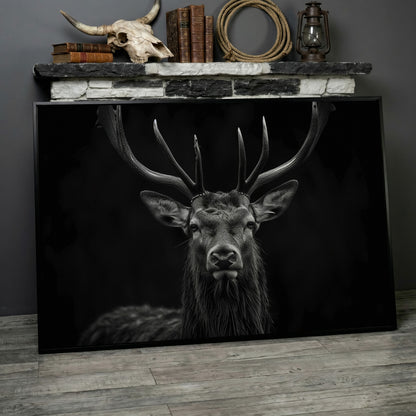 Black & White Stag Portrait Canvas in black floating frame