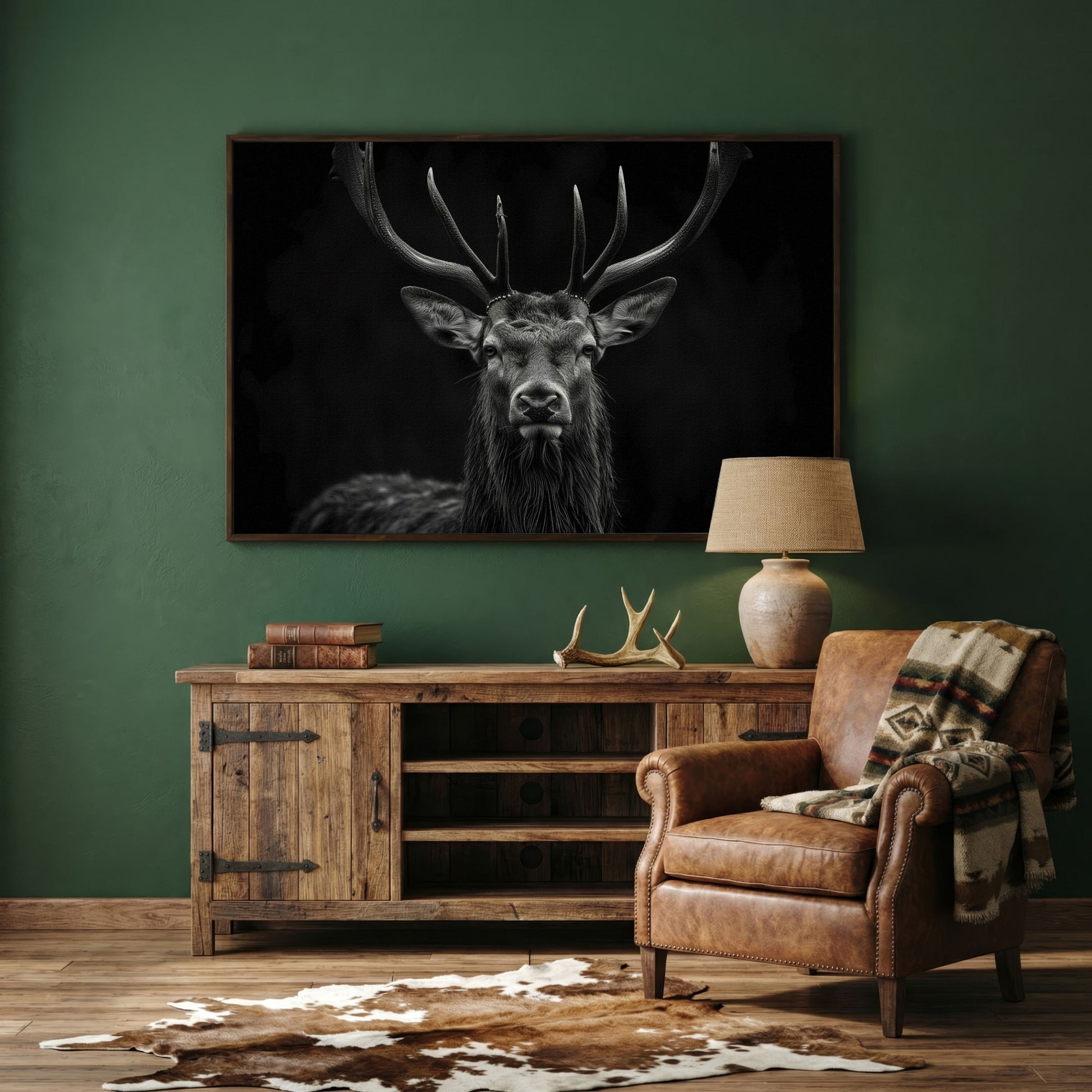 Black & White Stag Portrait Canvas in dark walnut floating frame