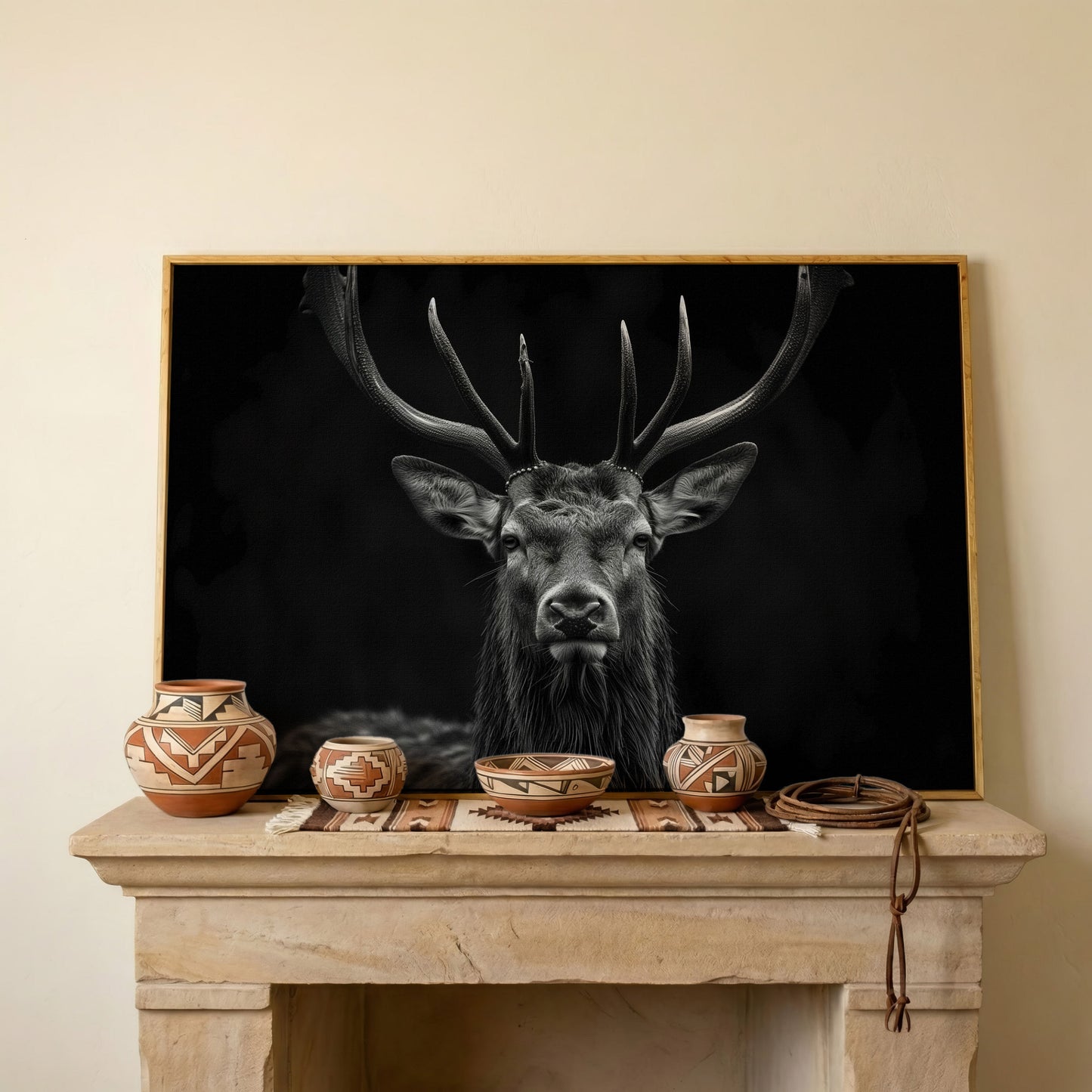 Black & White Stag Portrait Canvas in white oak floating frame