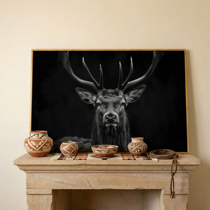 Black & White Stag Portrait Canvas in white oak floating frame