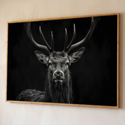 Black & White Stag Portrait Canvas shown in white oak floating frame