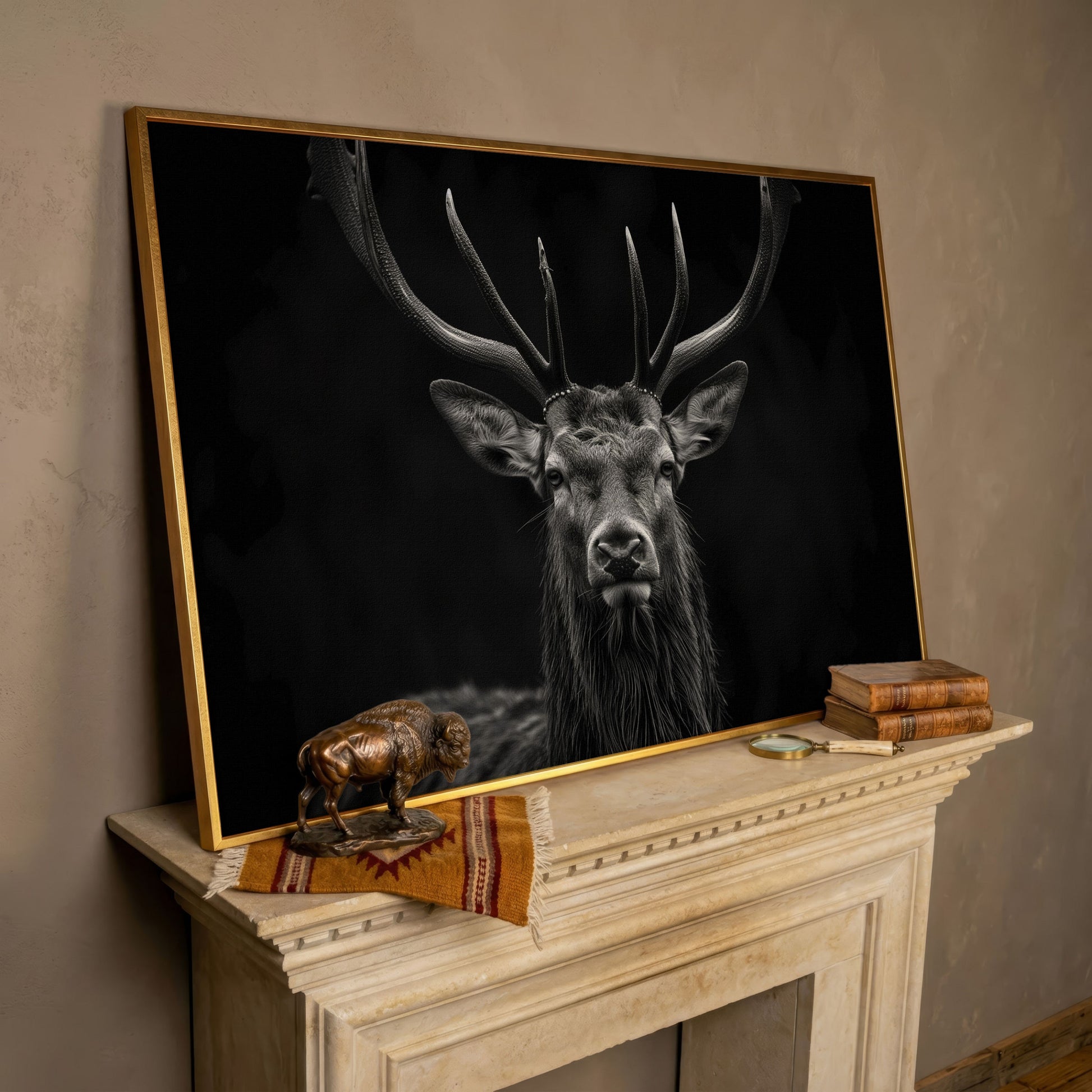 Black & White Stag Portrait Canvas in rose gold floating frame