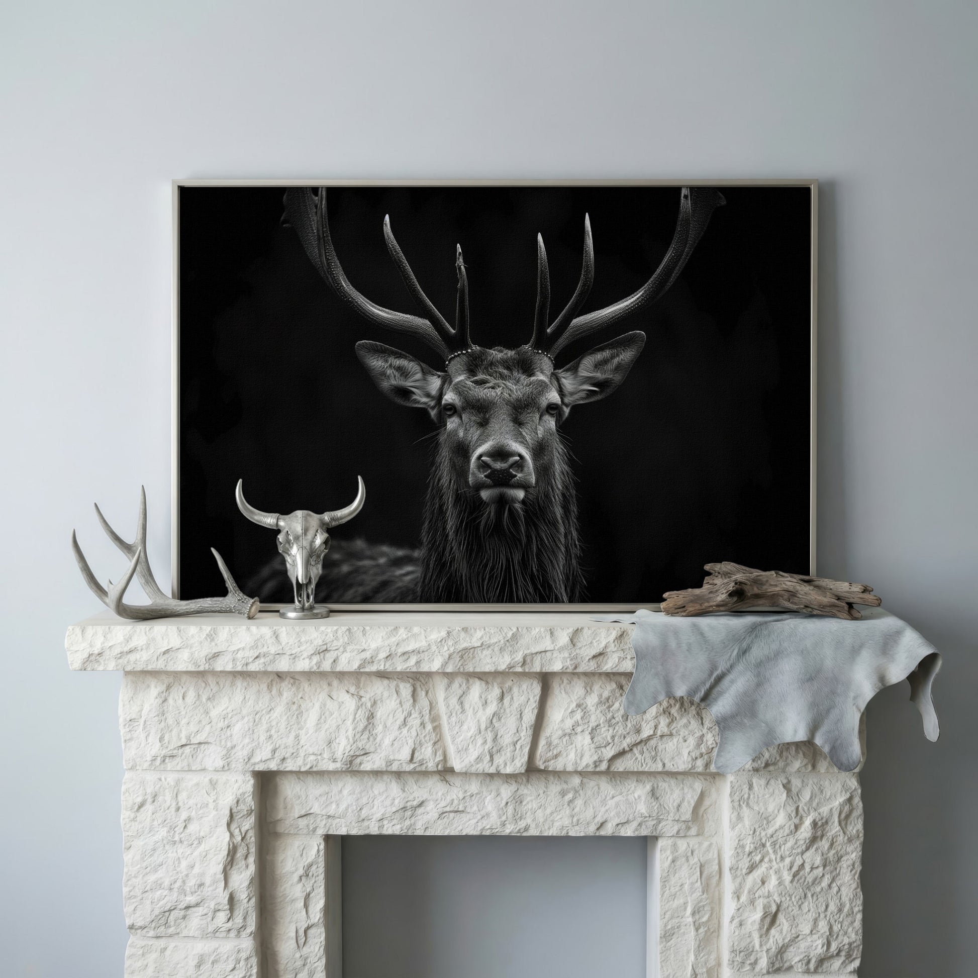 Black & White Stag Portrait Canvas in silver floating frame