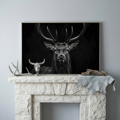 Black & White Stag Portrait Canvas in silver floating frame