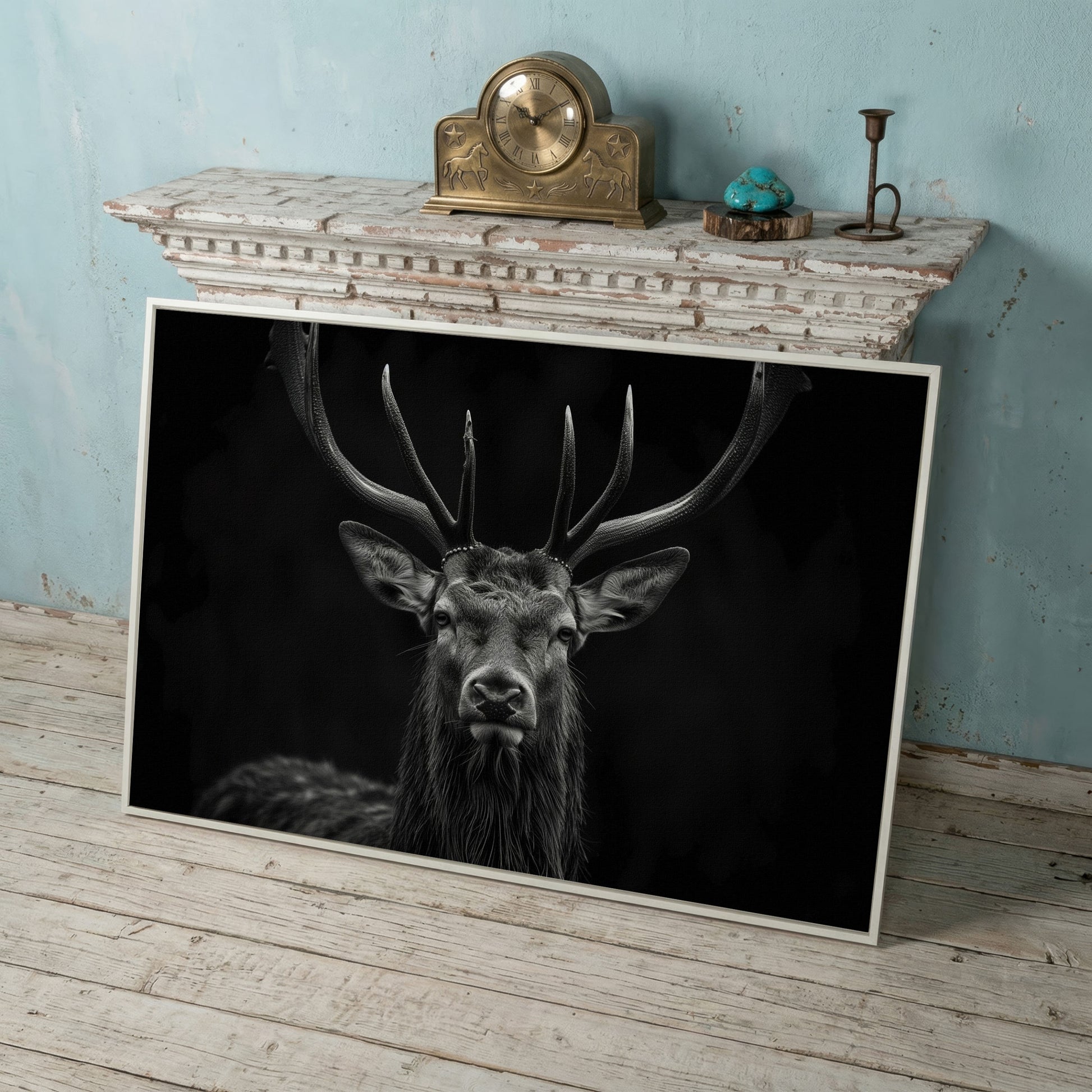 Black & White Stag Portrait Canvas in white floating frame