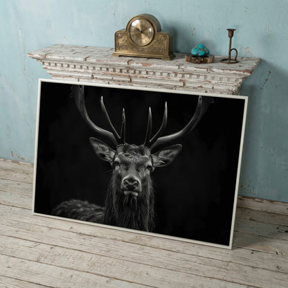 Black & White Stag Portrait Canvas in white floating frame