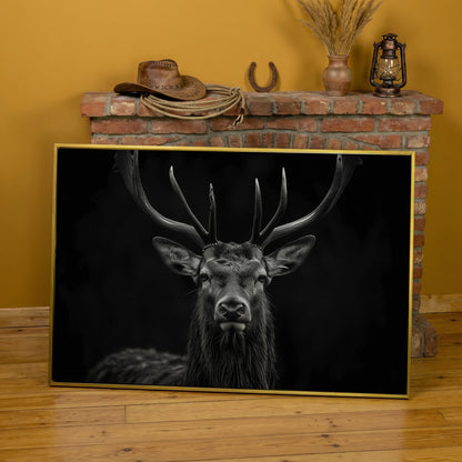 Black & White Stag Portrait Canvas in yellow gold floating frame