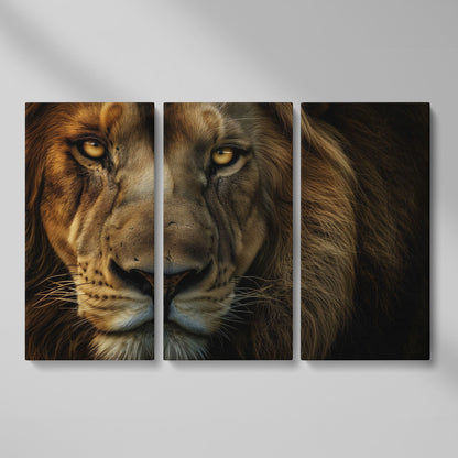 Close-Up Lion Head Canvas Print as 3-panel split version