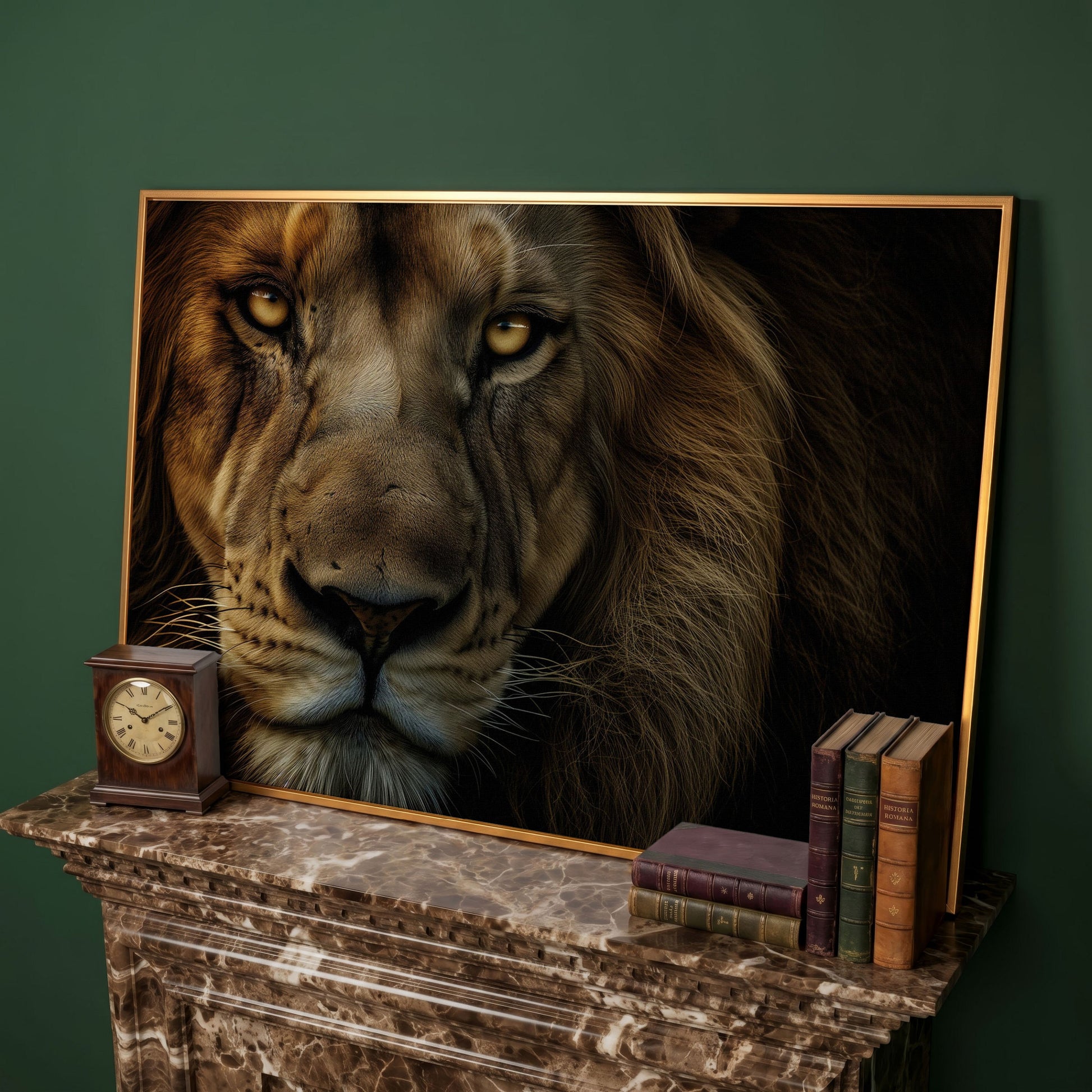 Close-Up Lion Head Canvas Print in antique gold floating frame
