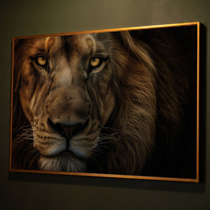 Close-Up Lion Head Canvas Print shown in antique gold floating frame