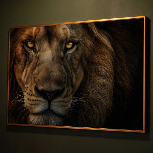 Close-Up Lion Head Canvas Print shown in antique gold floating frame