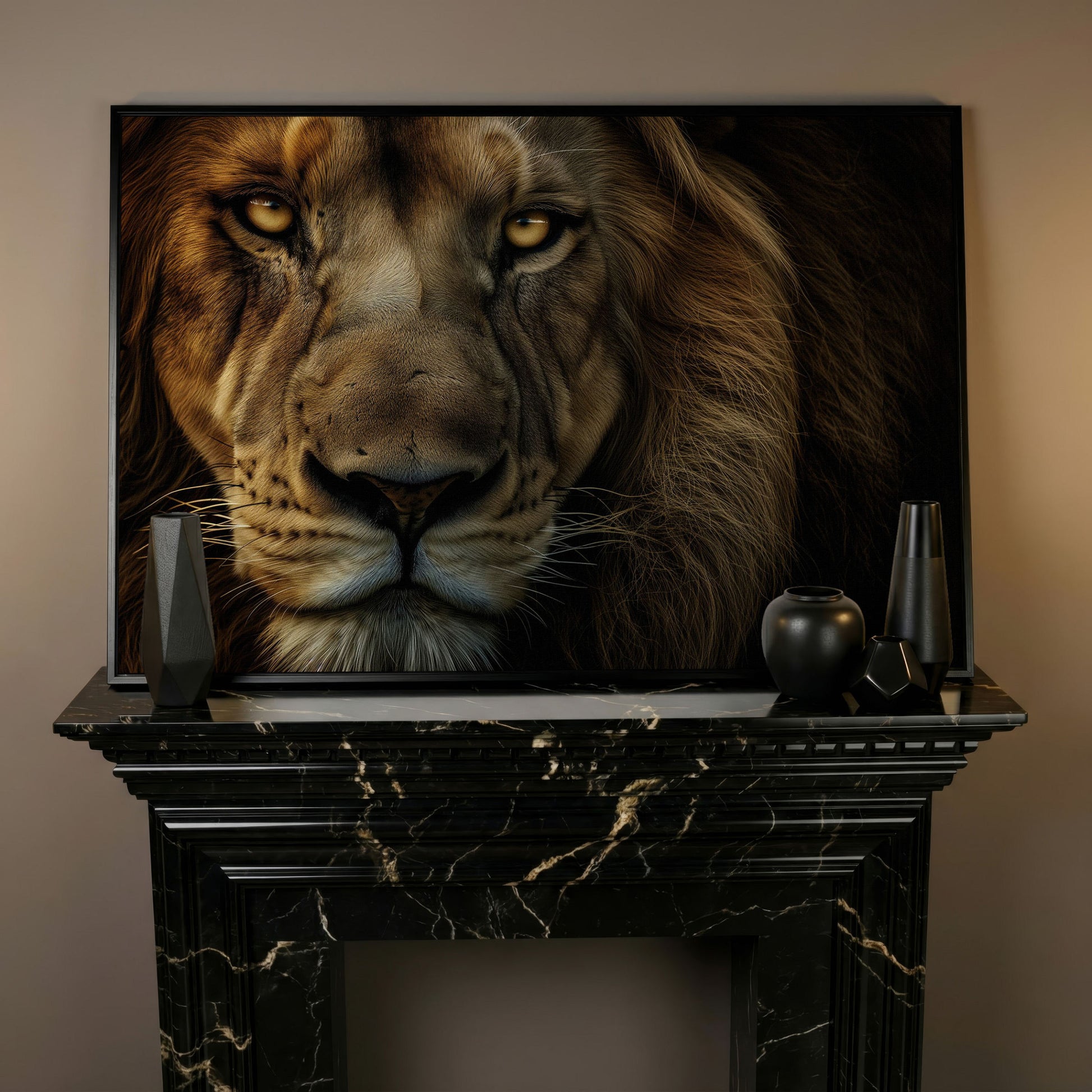 Close-Up Lion Head Canvas Print in black floating frame