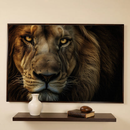 Close-Up Lion Head Canvas Print in dark walnut floating frame