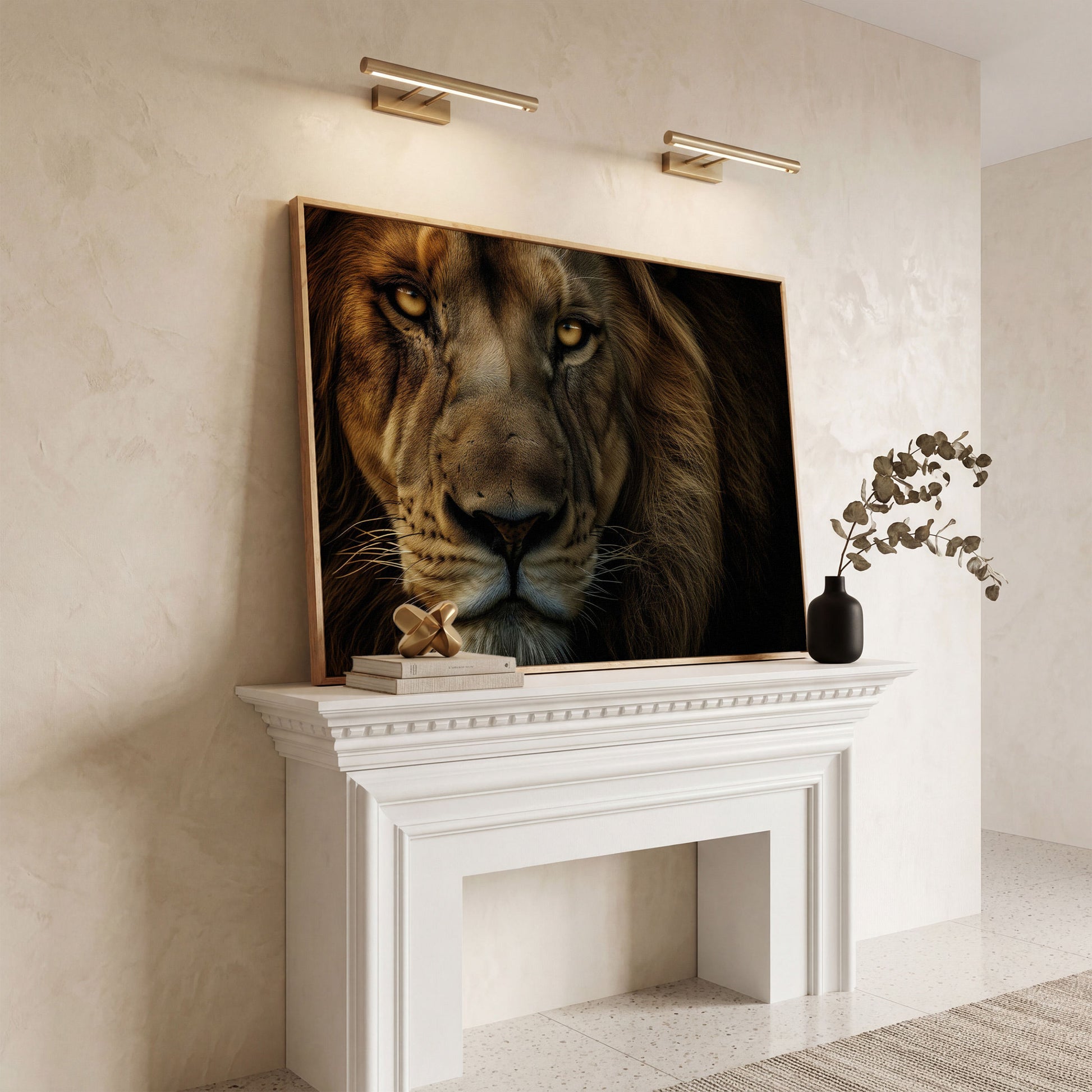 Close-Up Lion Head Canvas Print in white oak floating frame