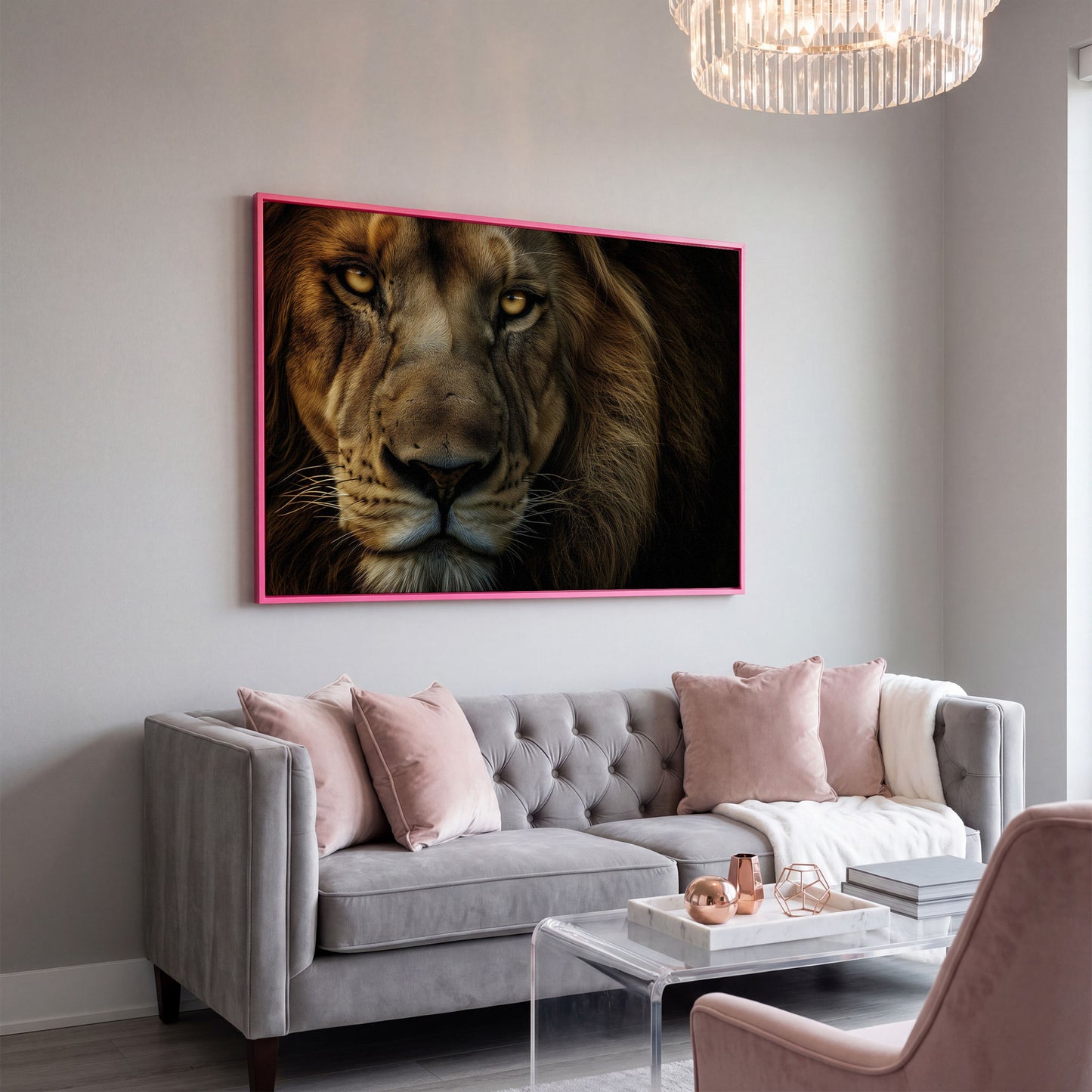 Close-Up Lion Head Canvas Print in pink floating frame