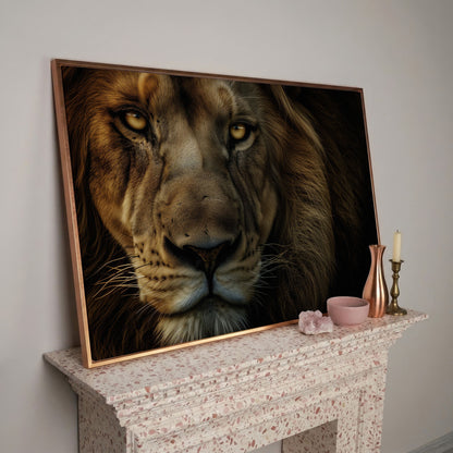 Close-Up Lion Head Canvas Print in rose gold floating frame