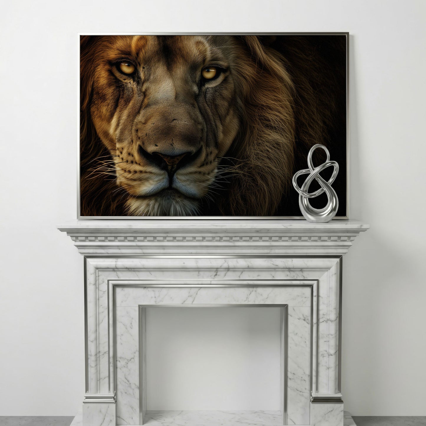 Close-Up Lion Head Canvas Print in silver floating frame
