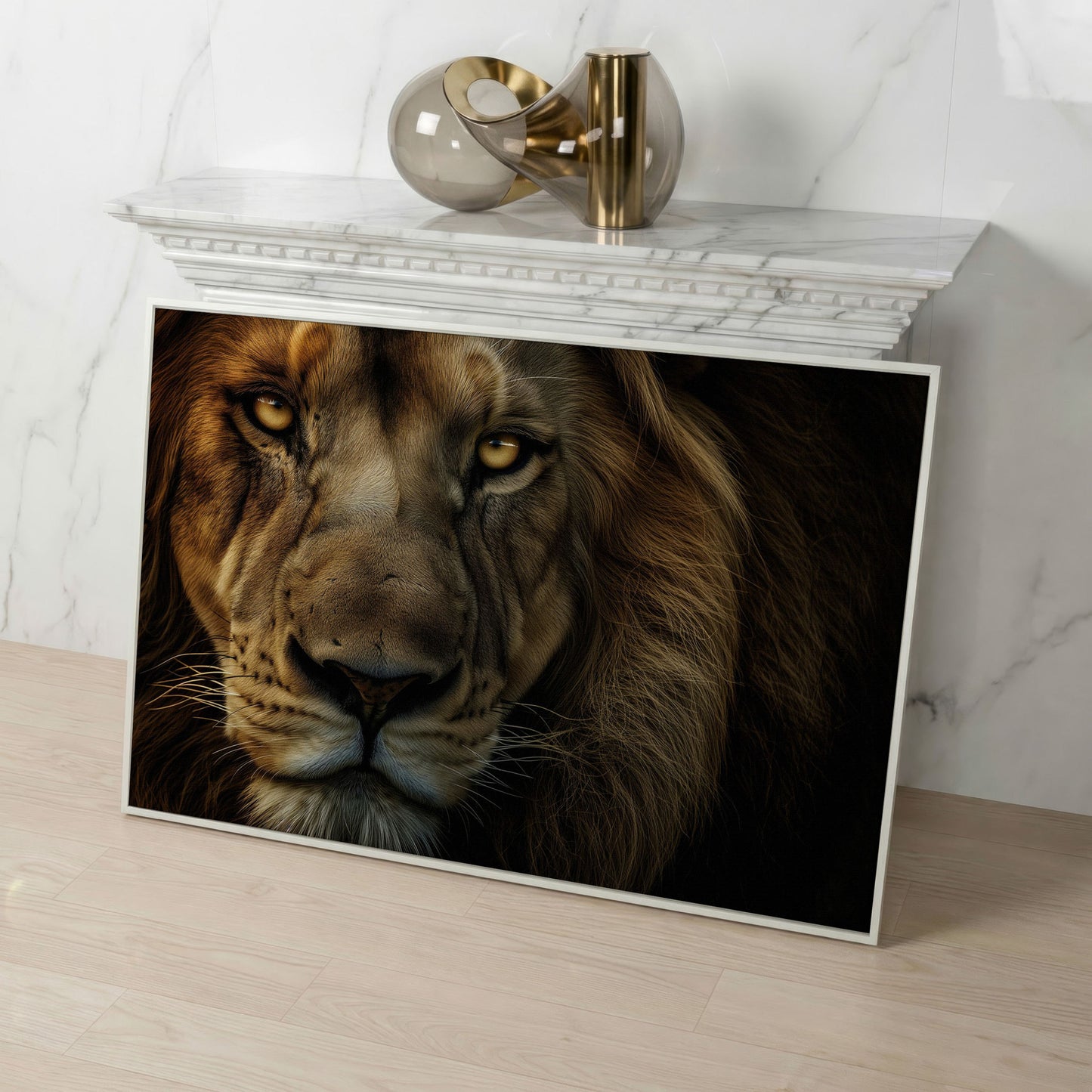 Close-Up Lion Head Canvas Print in white floating frame