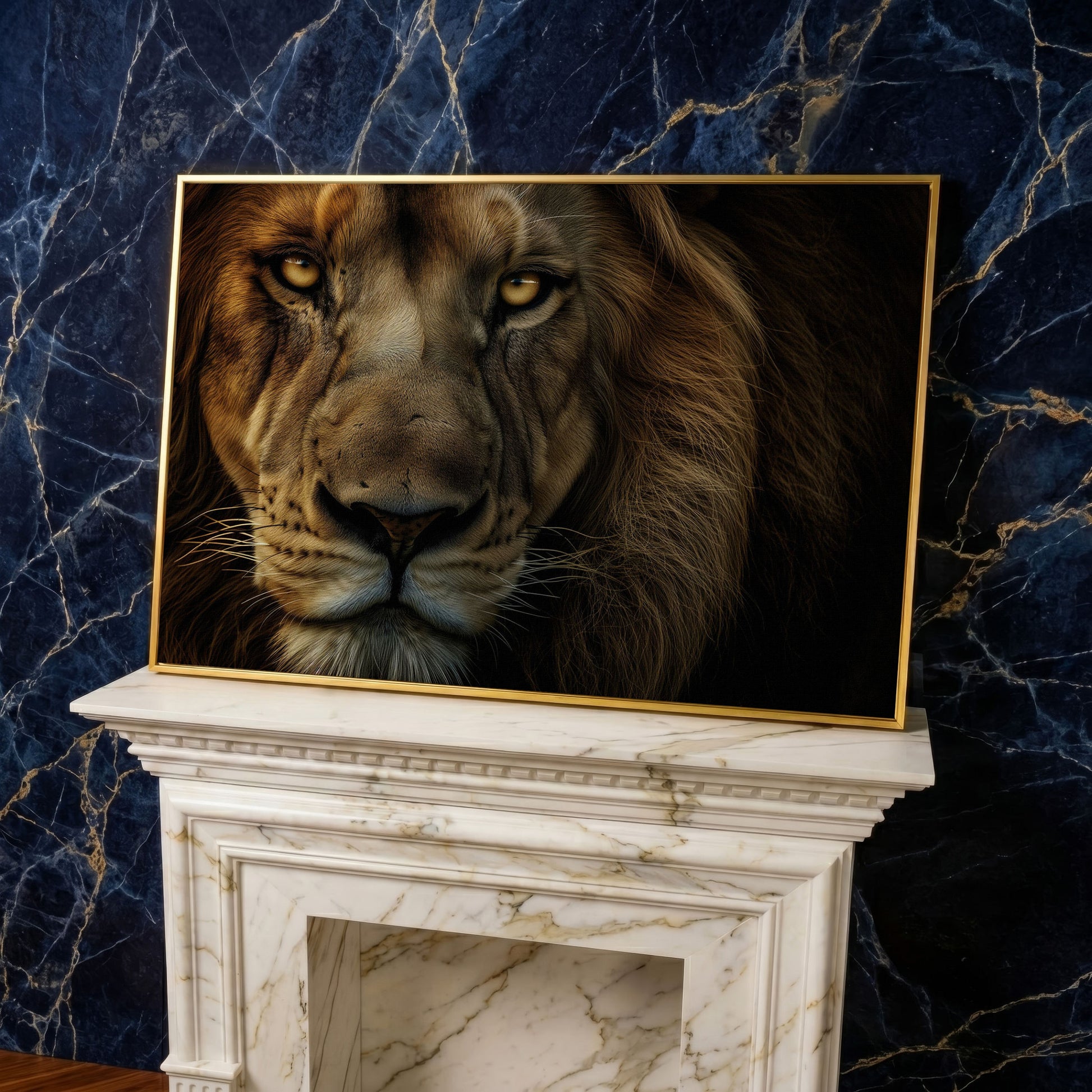 Close-Up Lion Head Canvas Print in yellow gold floating frame