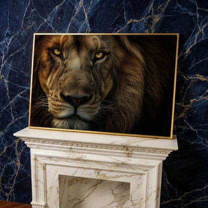 Close-Up Lion Head Canvas Print in yellow gold floating frame