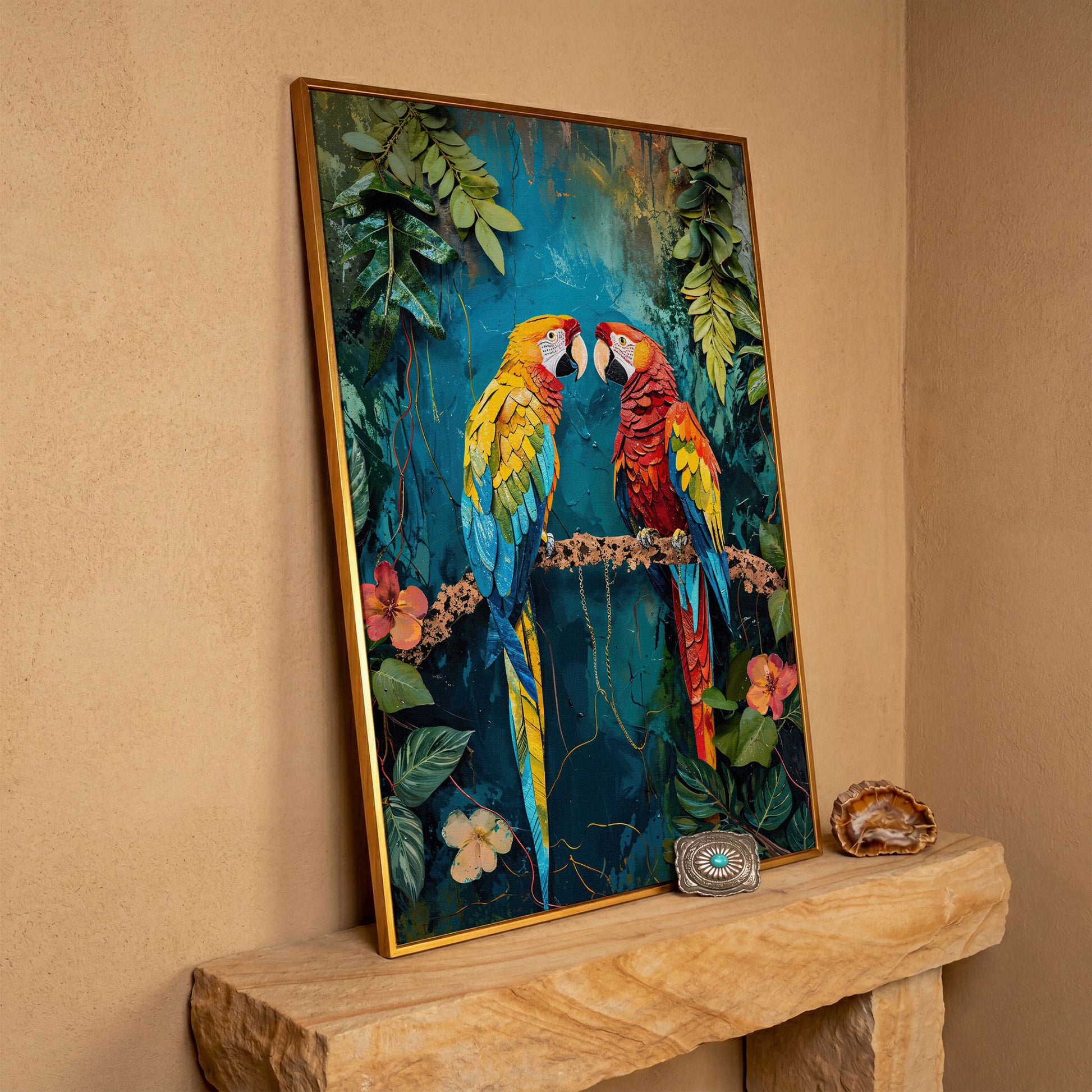 Vibrant Parrots Pair Portrait Canvas in antique gold floating frame
