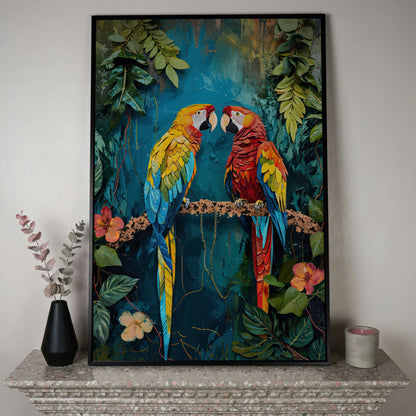 Vibrant Parrots Pair Portrait Canvas in black floating frame