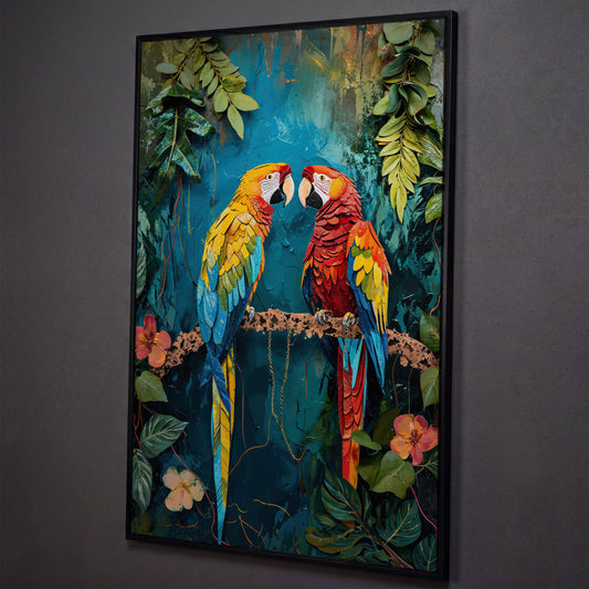 Vibrant Parrots Pair Portrait Canvas shown in black floating frame