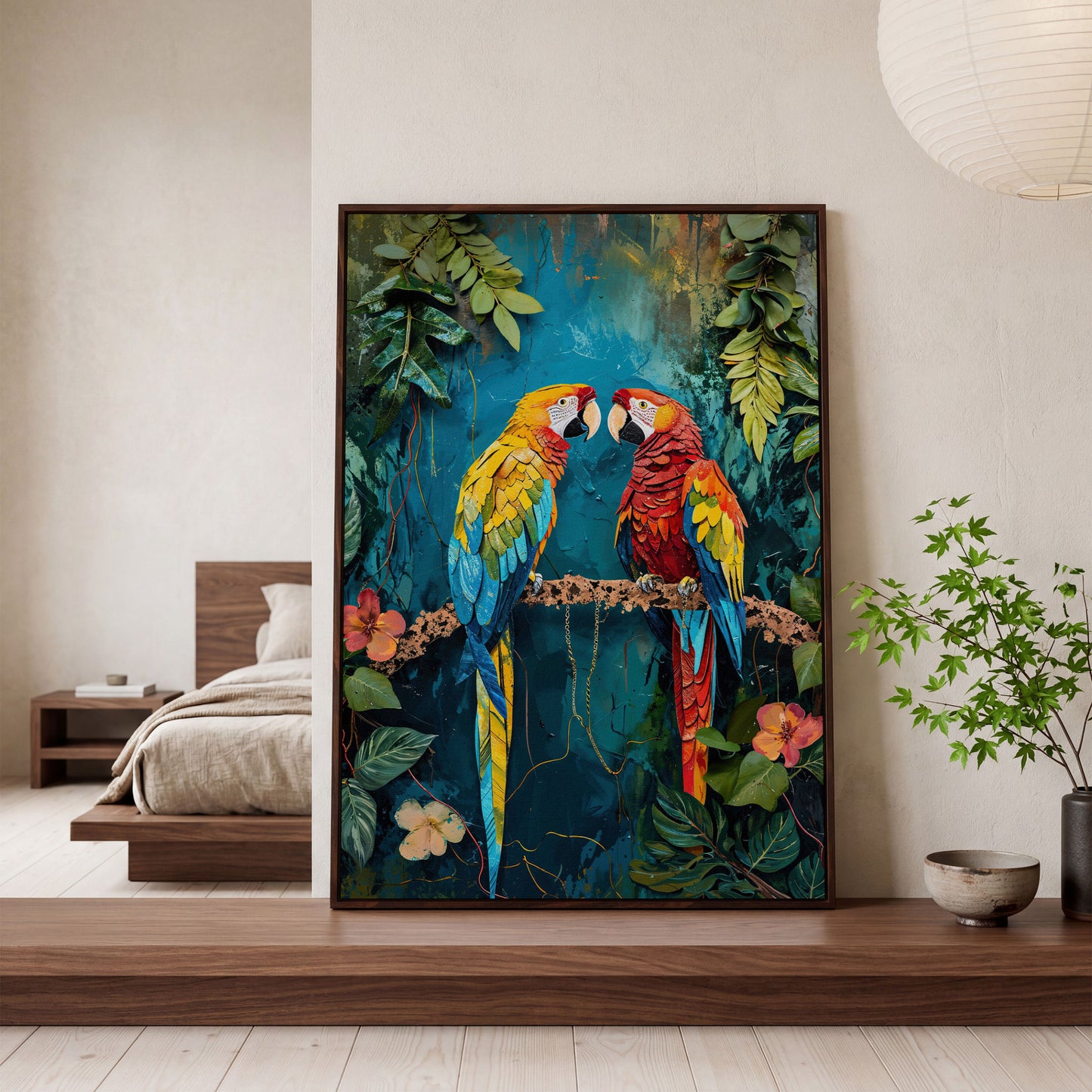 Vibrant Parrots Pair Portrait Canvas in dark walnut floating frame